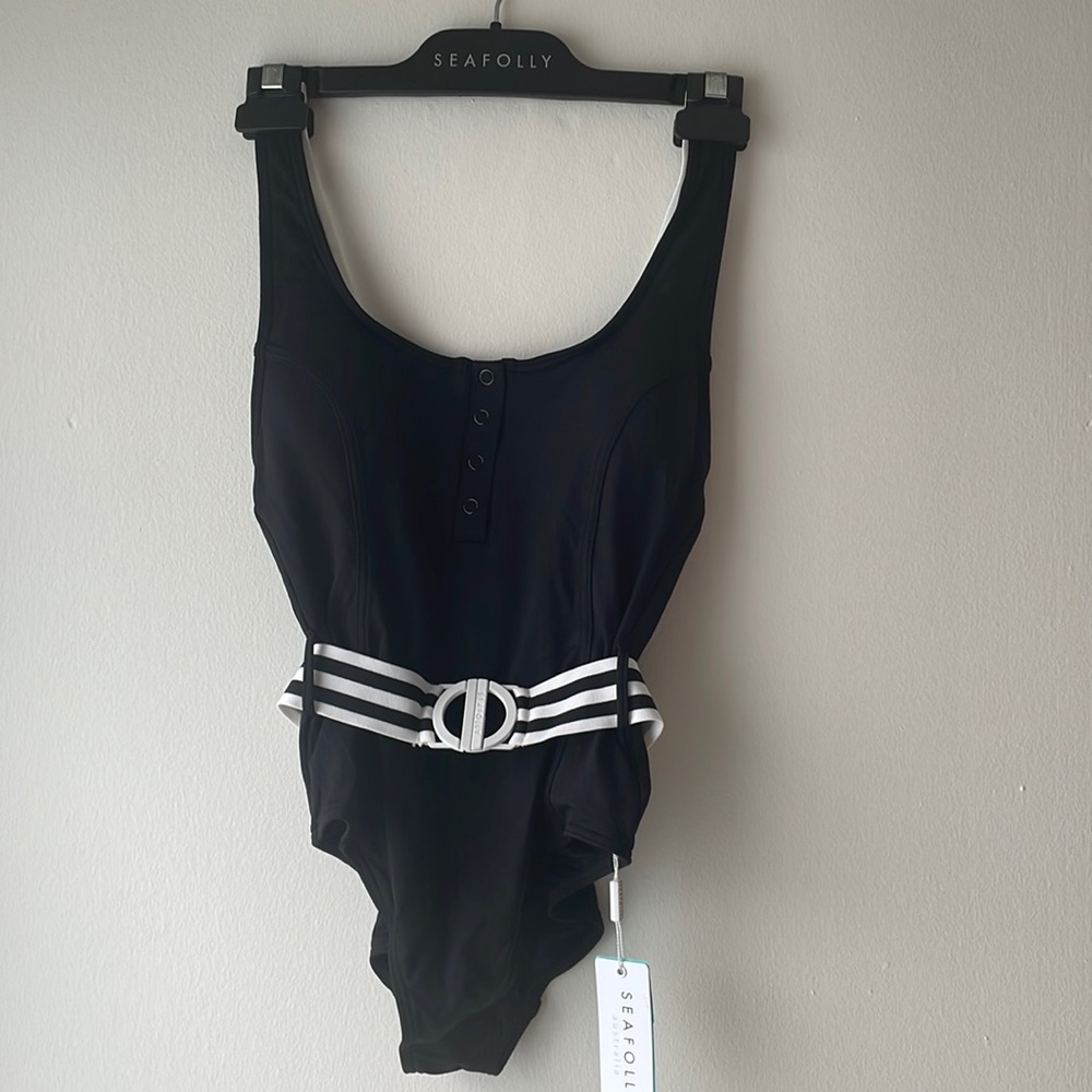 Seafolly Black One-Piece Swimsuit with White Striped Belt and Round Buckle